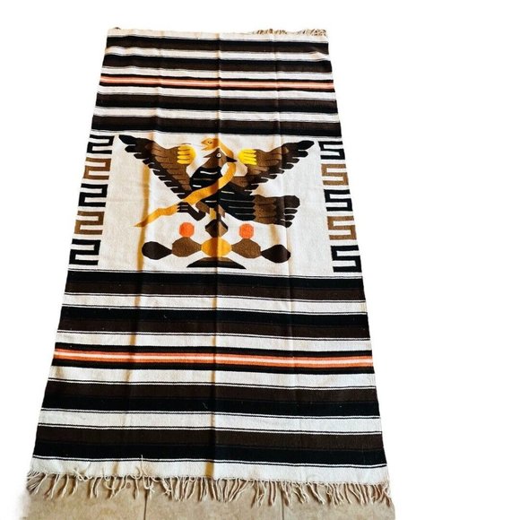 1930-40s Aztec Mexica Native Tenochtitlan Hand Woven Wool Rug 81” X 49” - Picture 1 of 6